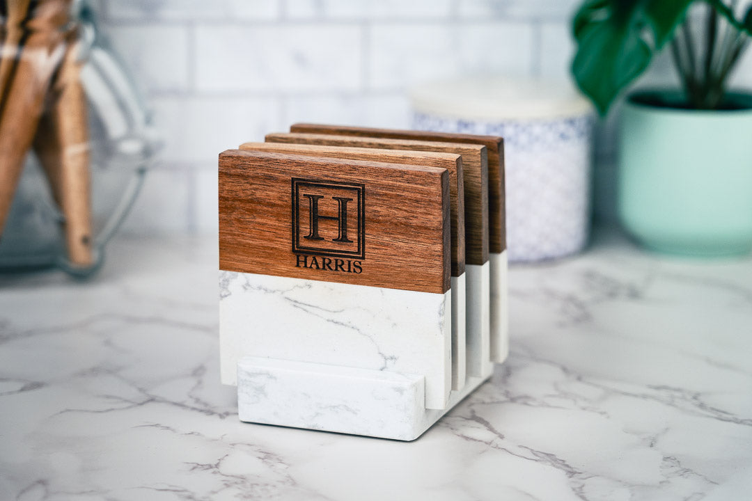 Custom Coaster Set of 4 - Square Marble and Acacia Wood
