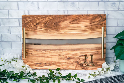 Personalized Olive Wood Resin River Serving Tray with "Gold" Handles