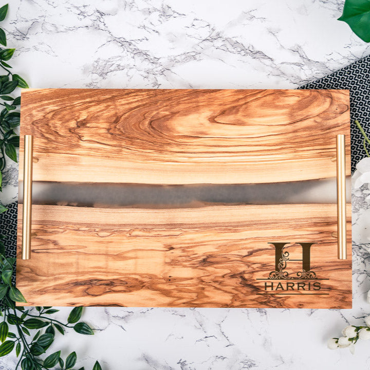 Personalized Olive Wood Resin River Serving Tray with "Gold" Handles