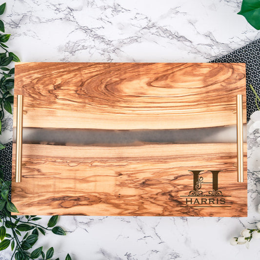 Personalized Olive Wood Resin River Serving Tray with "Gold" Handles